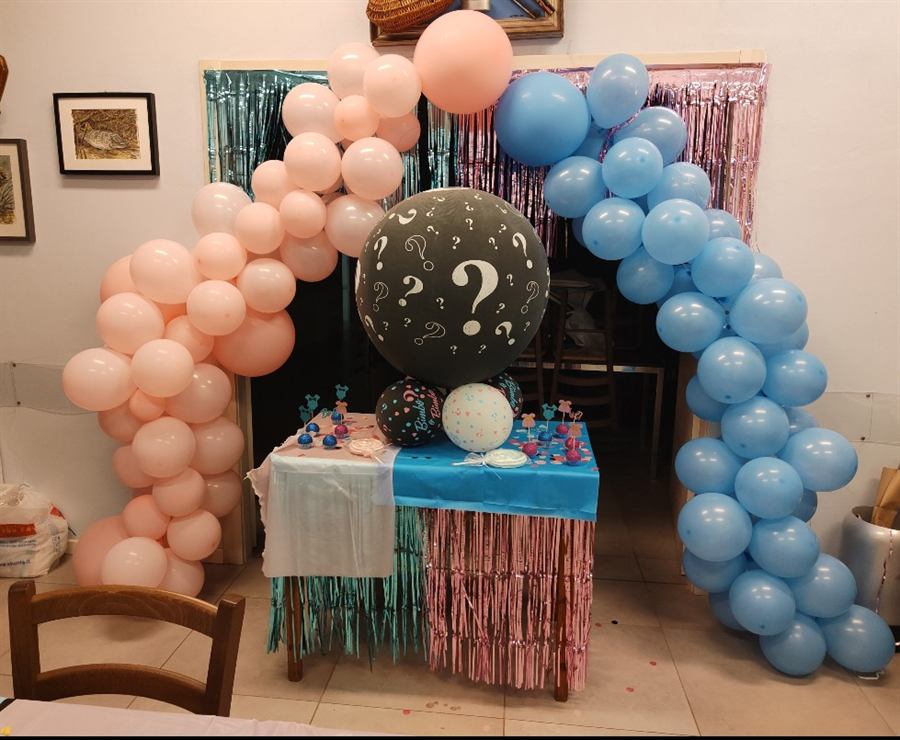 Arco di palloncini rosa e azzurri sopra il tavolo della festa, con un grande palloncino nero con il punto interrogativo